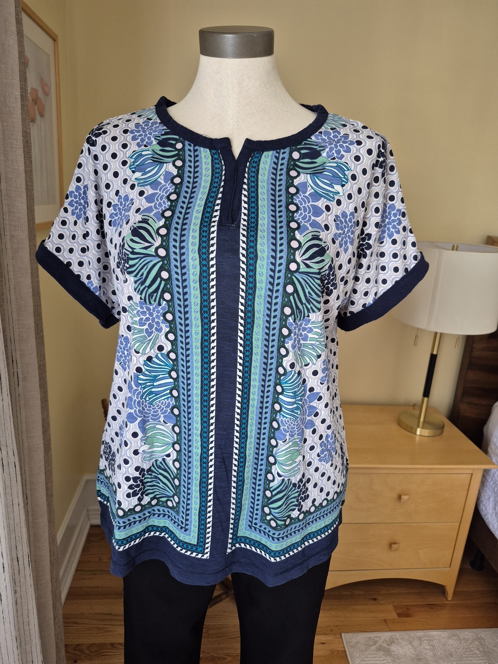 Olsen Navy & Aqua Floral-Print Short Sleeve Tunic